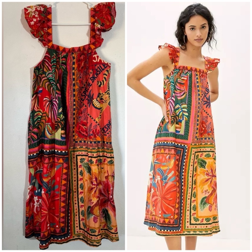 Farm Rio Mosaic Ruffled Midi Dress